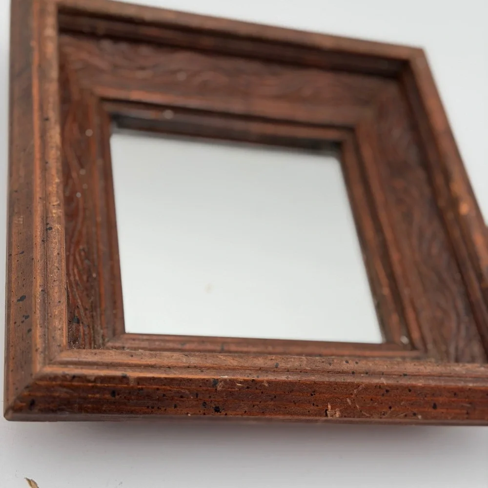 Vintage Carved Wood Square Wall Mirror Brown Leaf Scroll Ornate Frame Small